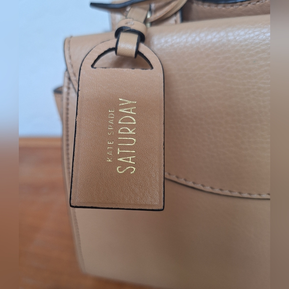 Kate Spade Tan Leather Satchel Crossbody Structured Trapezoid Camel Neutral NEW - Picture 9 of 15